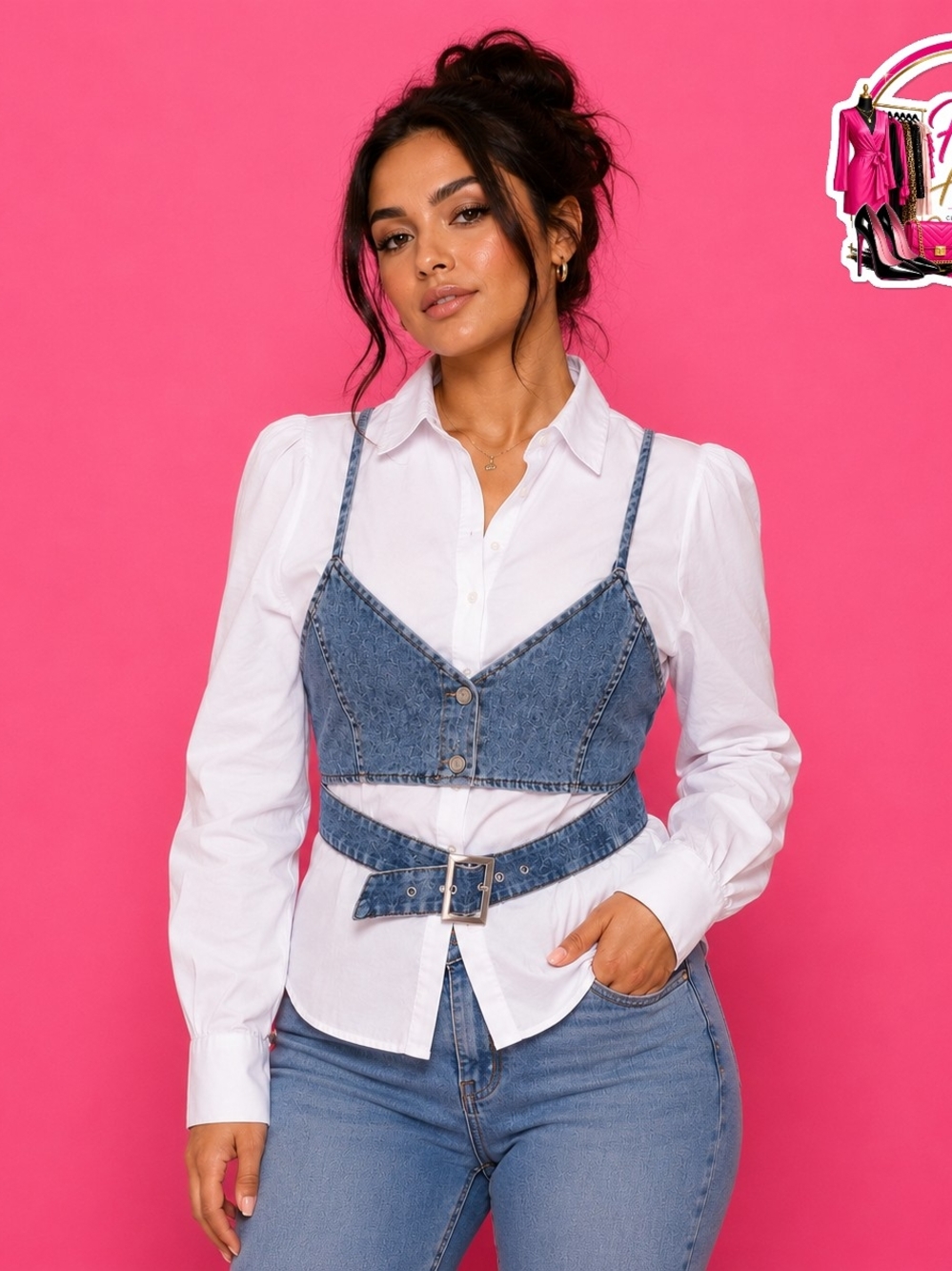 NWT Poplin Top With Removable Denim Vest